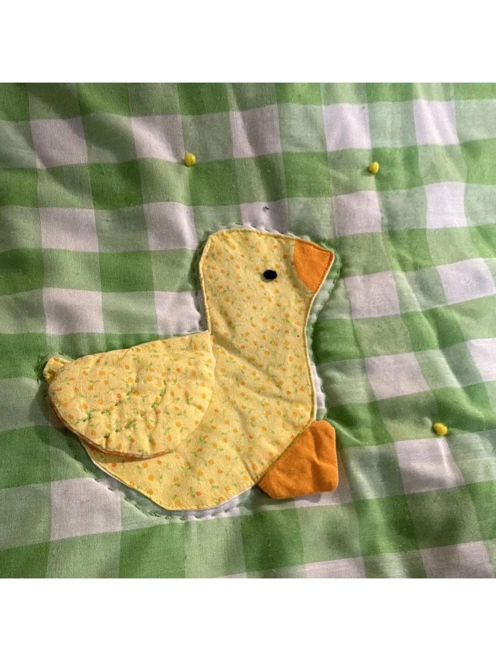 Vintage Handmade Crib Quilt Green & White Gingham Duck Appliqué Quilted 1991